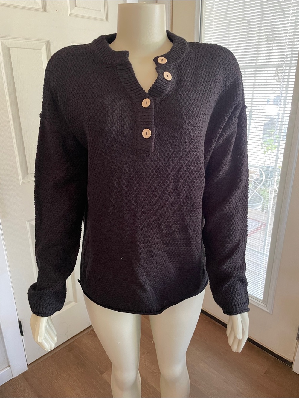 Zenana Outfitters Black Waffle Knit Henley Sweater with Wooden Buttons